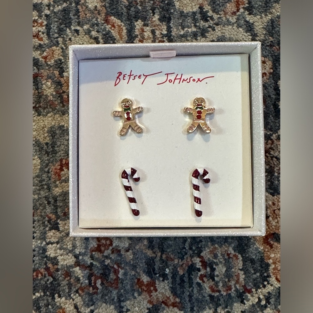 Betsey Johnson Ginger Bread Man & Candy Cane Stud Earrings Set